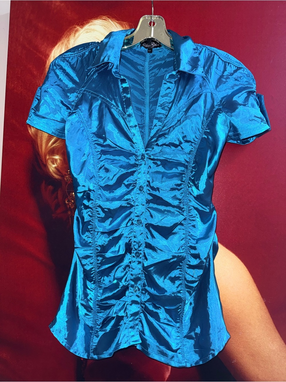 Satin Ruched Short-Sleeve Blouse in Bright Blue